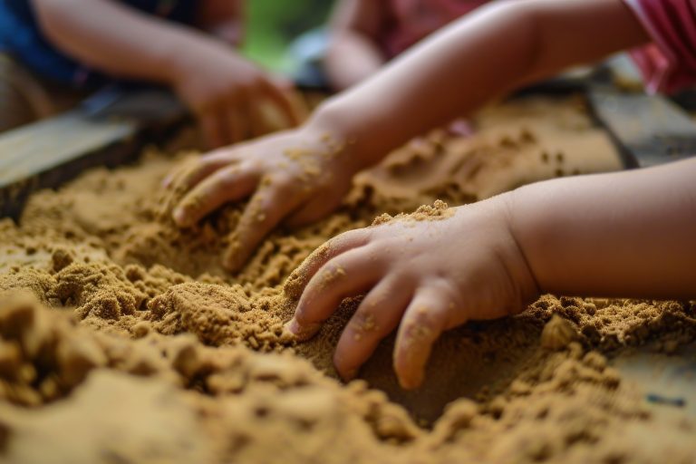 Drei Kinder sitzen mit Sandspielzeug fröhlich in der Sandkiste.
