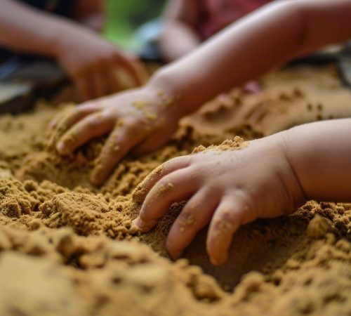 Drei Kinder sitzen mit Sandspielzeug fröhlich in der Sandkiste.