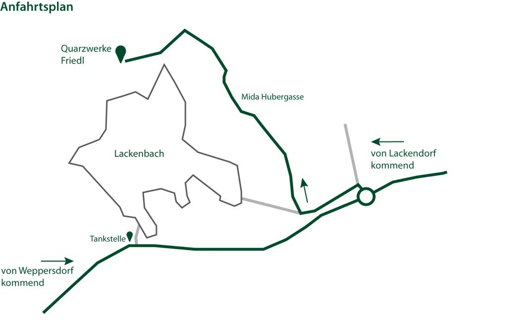 Eine Anfahrtskarte mit Lackenbach im Zentrum zur Anfahrt zu den Quarzwerken Friedl