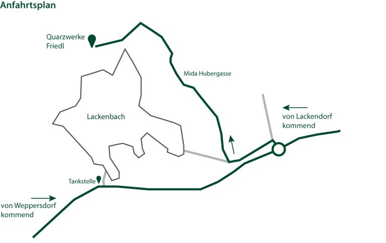 Eine Anfahrtskarte mit Lackenbach im Zentrum zur Anfahrt zu den Quarzwerken Friedl
