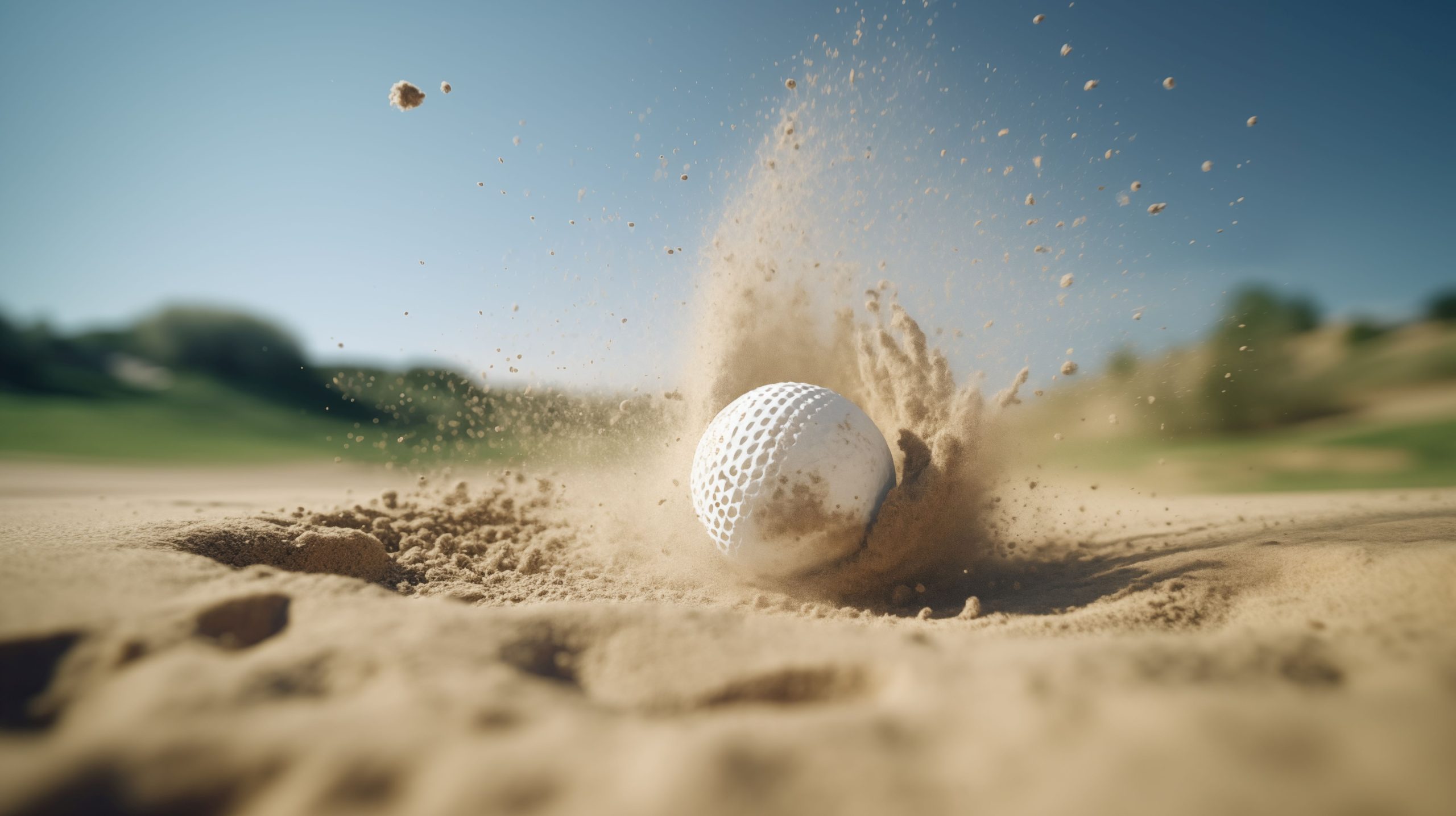 Ein Golfball in Bewegung, der im Sand landet und Sand aufwirbelt.