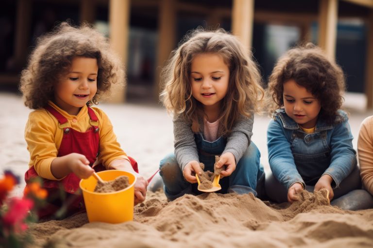 Drei Kinder sitzen mit Sandspielzeug fröhlich in der Sandkiste.