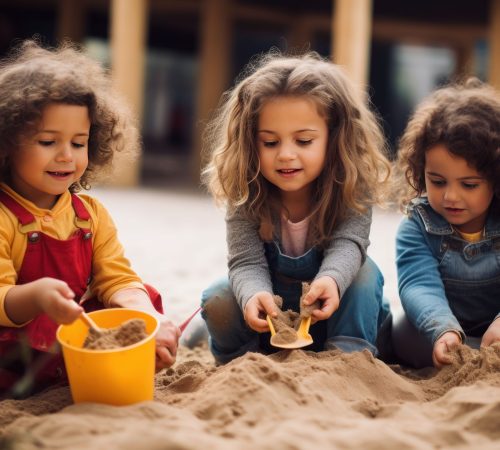 Drei Kinder sitzen mit Sandspielzeug fröhlich in der Sandkiste.